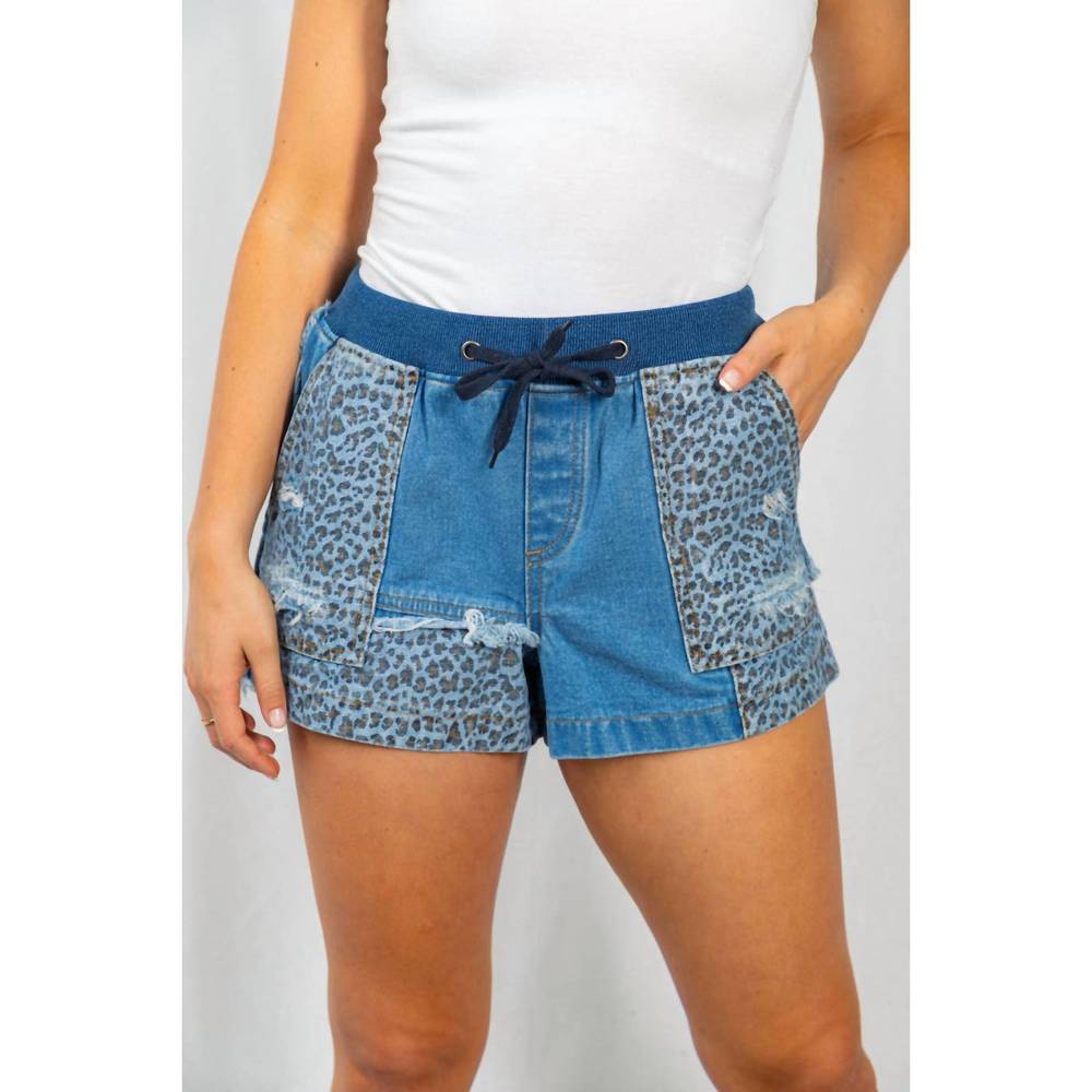 NEW WHITE BIRCH animal print mixed distressed shorts in denim blue